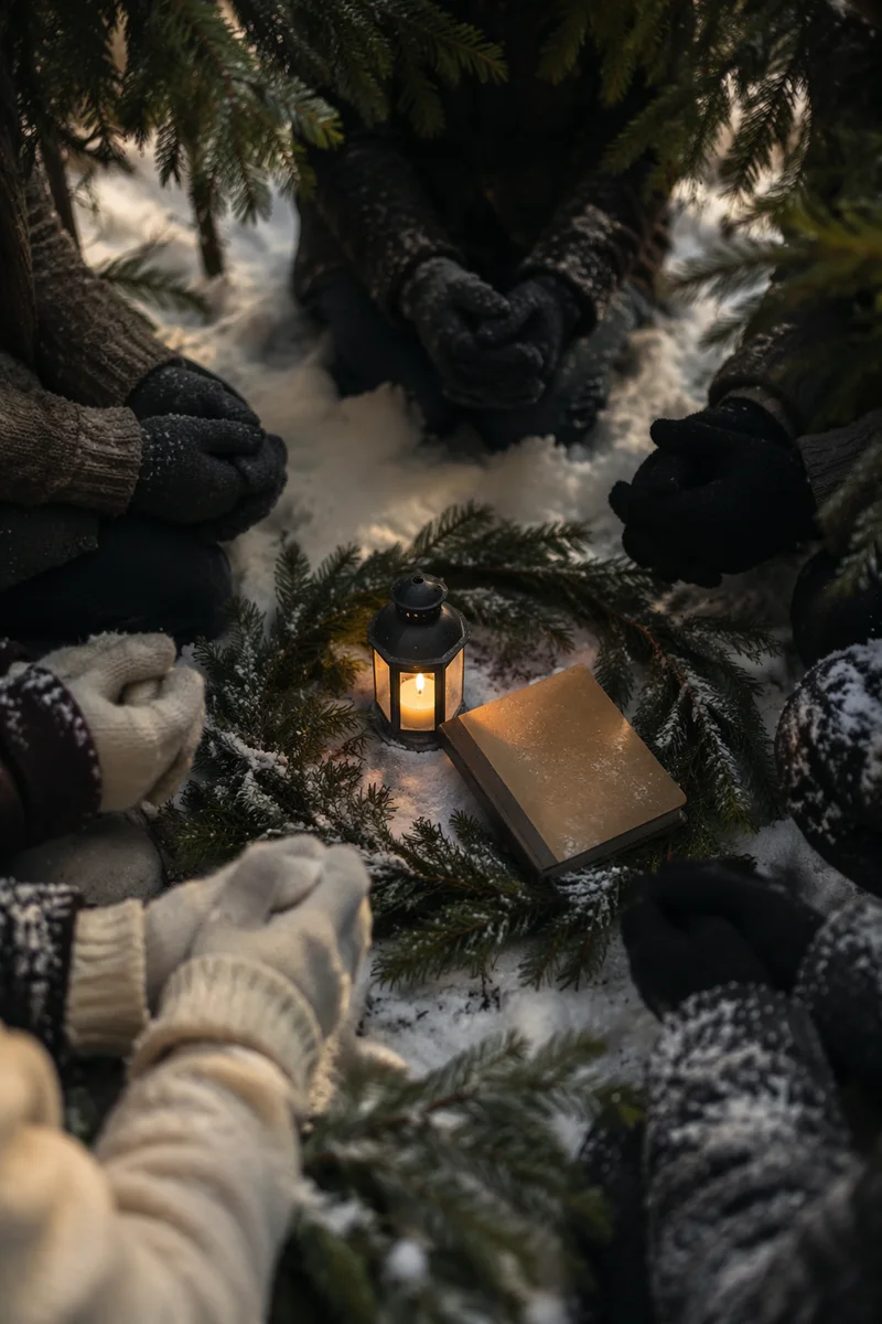 Intercessory Prayer Circle in Snowy Evergreen Grove