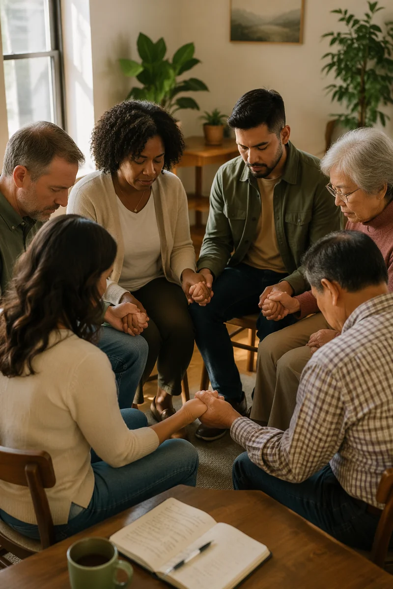 Intercessory Prayer Circle in Sunlit Community Room