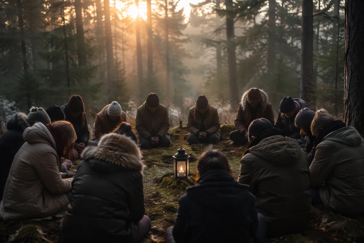 Intercessory Prayer Circle in Evergreen Forest