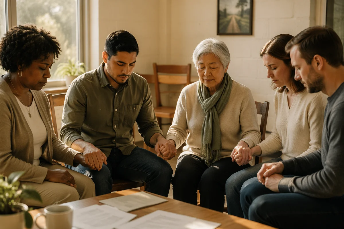 Diverse Prayer Circle in Sunlit Room