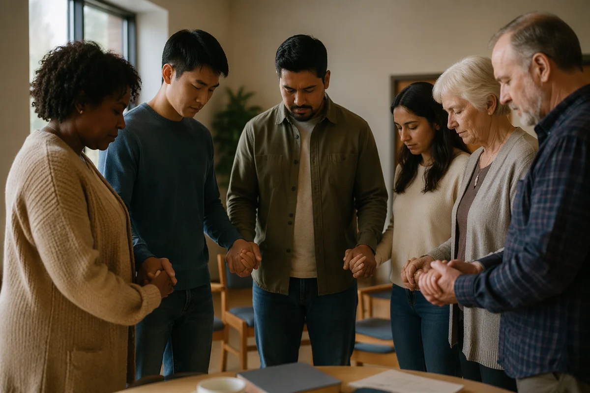 Six Adults Holding Hands in Prayer