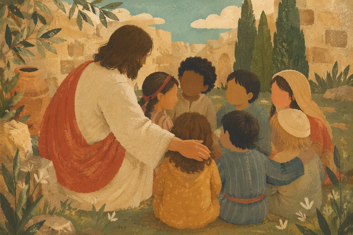 Jesus Blessing Children in Evergreen Courtyard