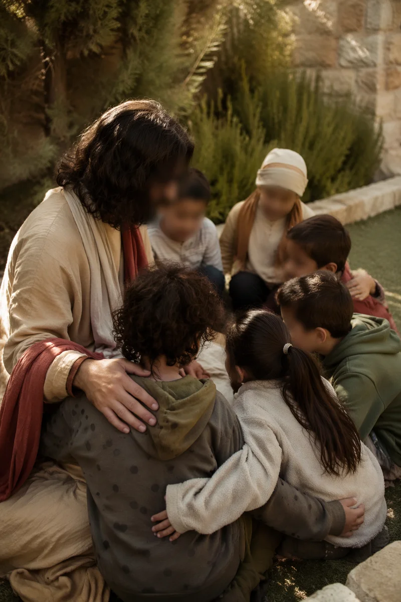 Jesus Blessing Children in Evergreen Courtyard