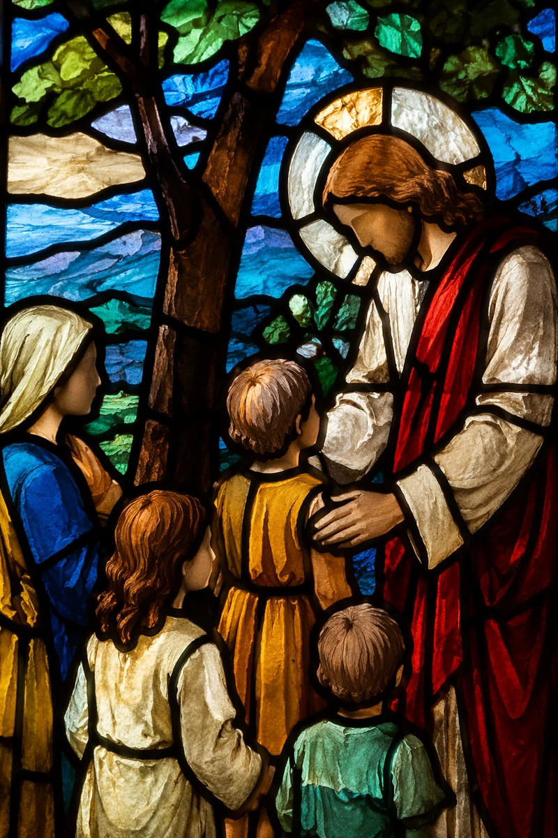 Jesus Blessing Children Stained Glass Close-Up