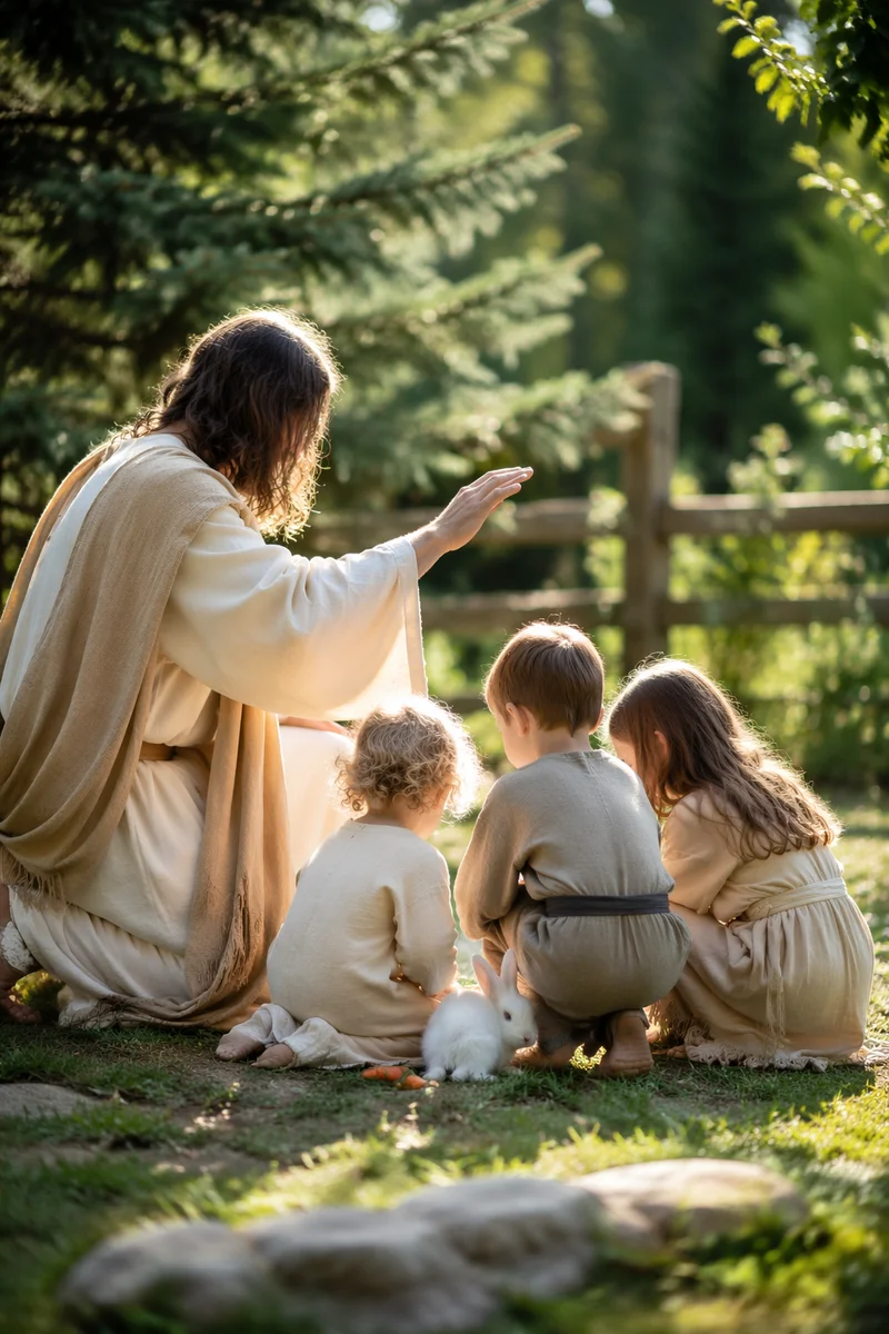 Jesus Blessing Children in Evergreen Garden