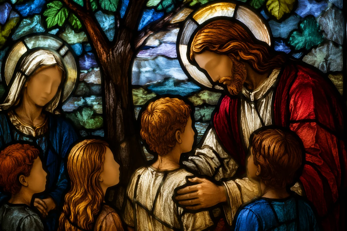 Jesus Blessing Children in Stained Glass