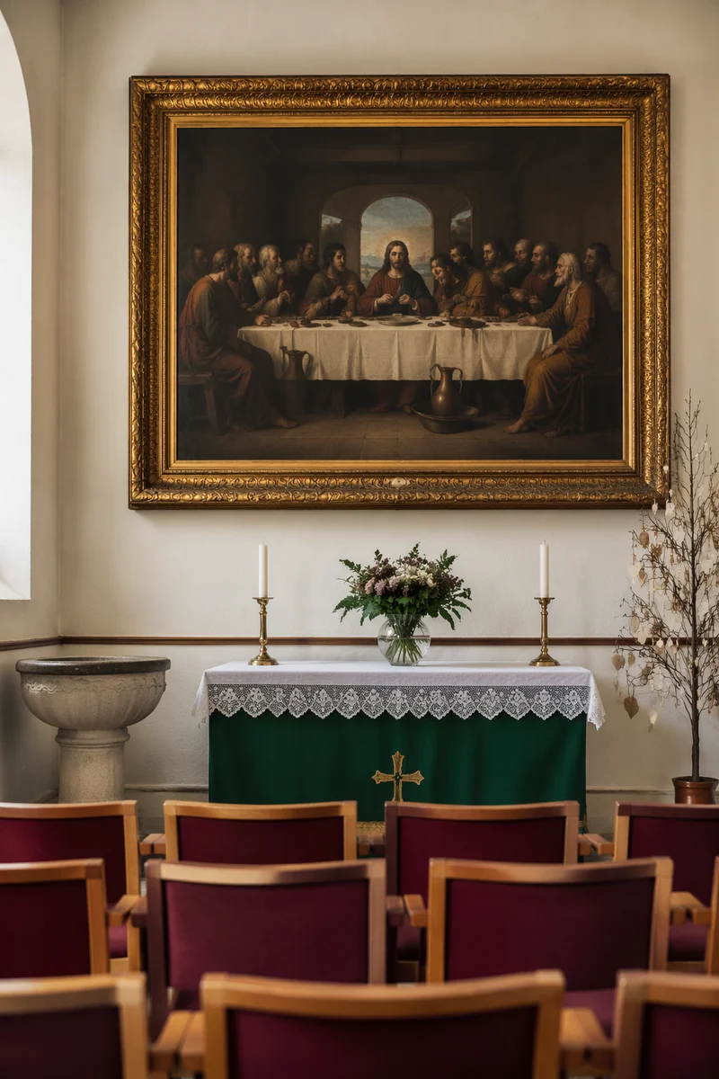 Jesus Breaking Bread in Chapel Interior