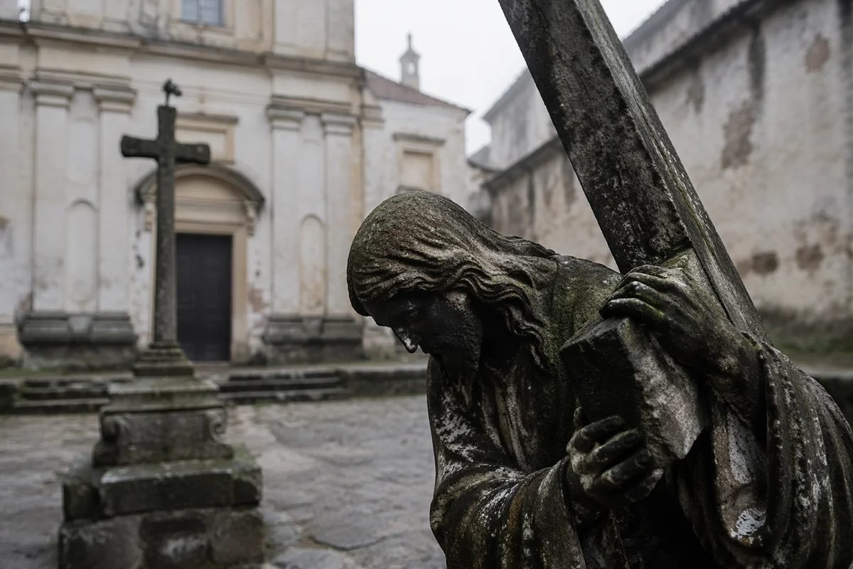 Jesus Carrying Cross in Stone Courtyard
