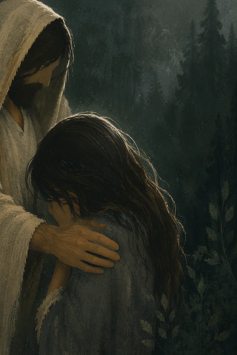 Jesus Comforting Crying Woman in Evergreen Mist