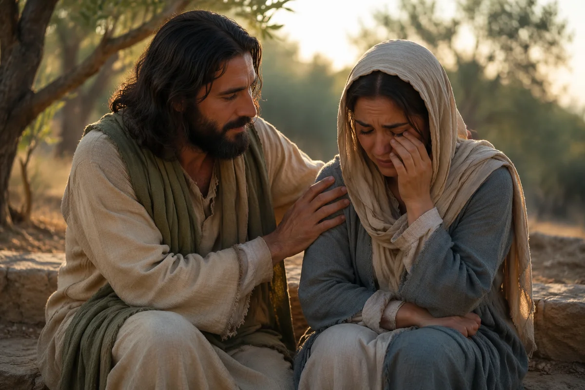Compassionate Man Comforting Crying Woman at Dawn
