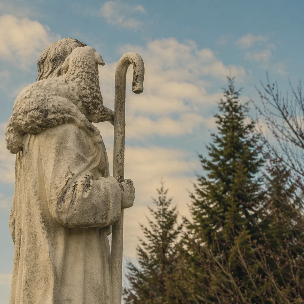 Good Shepherd Statue with Lamb Outdoors