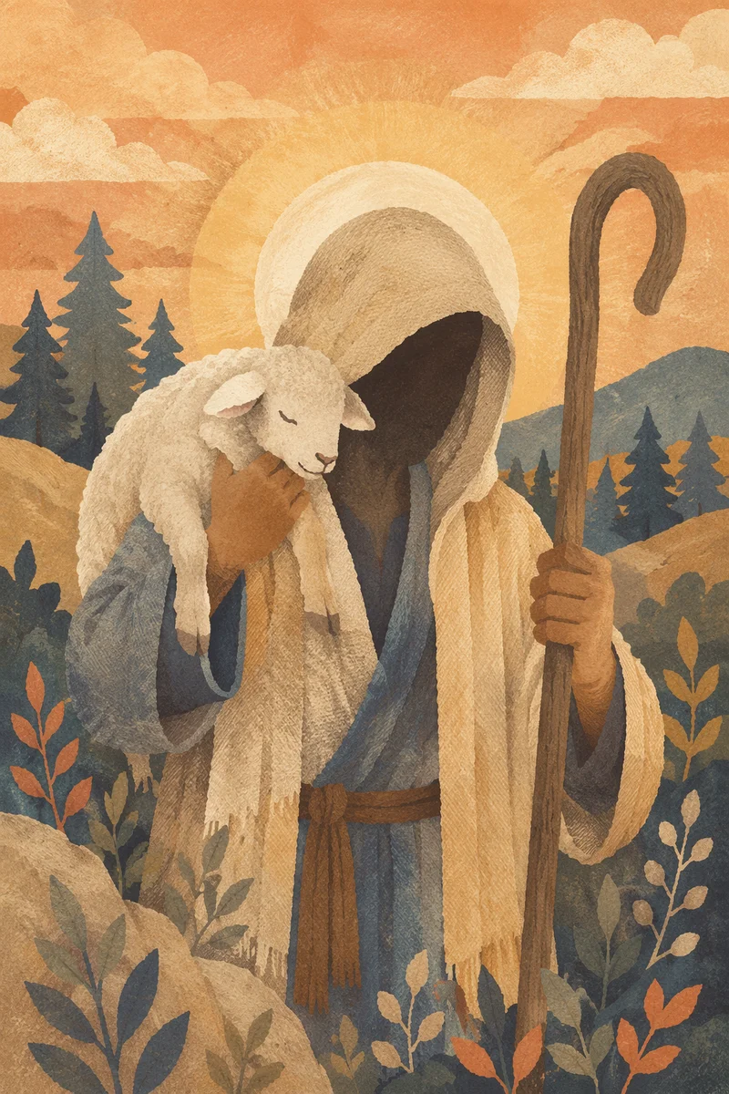 Jesus Good Shepherd Carrying Lamb at Dawn