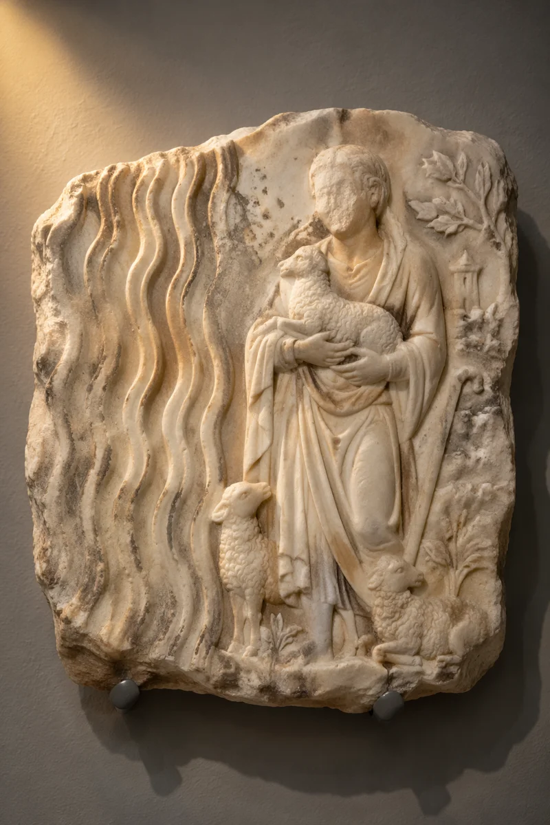 Ancient Good Shepherd Marble Relief