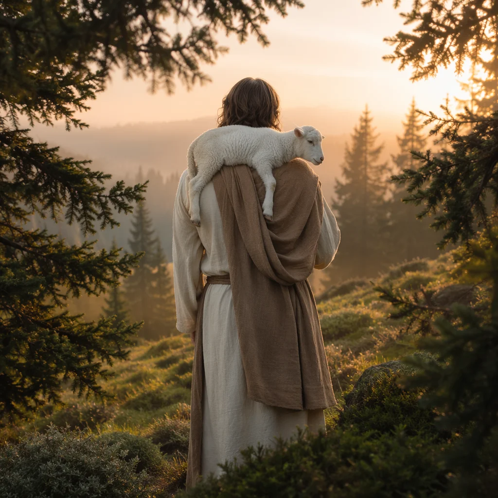 Good Shepherd Carrying Lamb at Sunrise