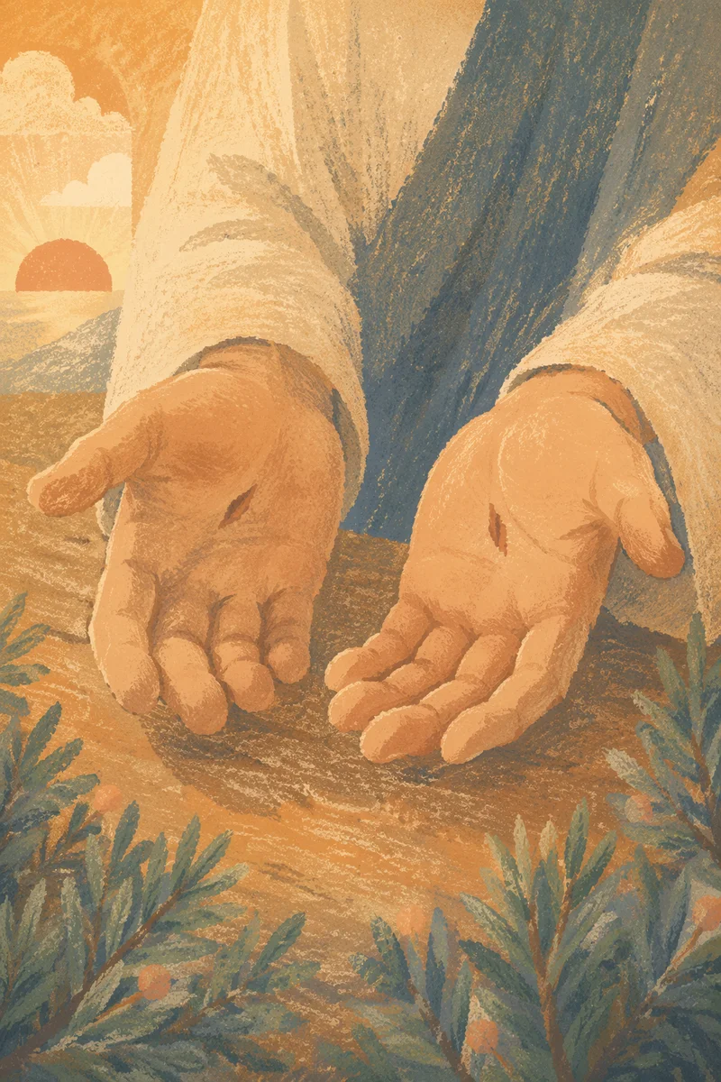 Jesus Hands with Nail Scars and Evergreens