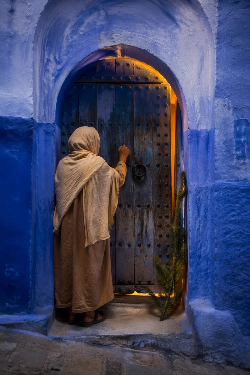 Jesus Knocking at Blue Arched Door