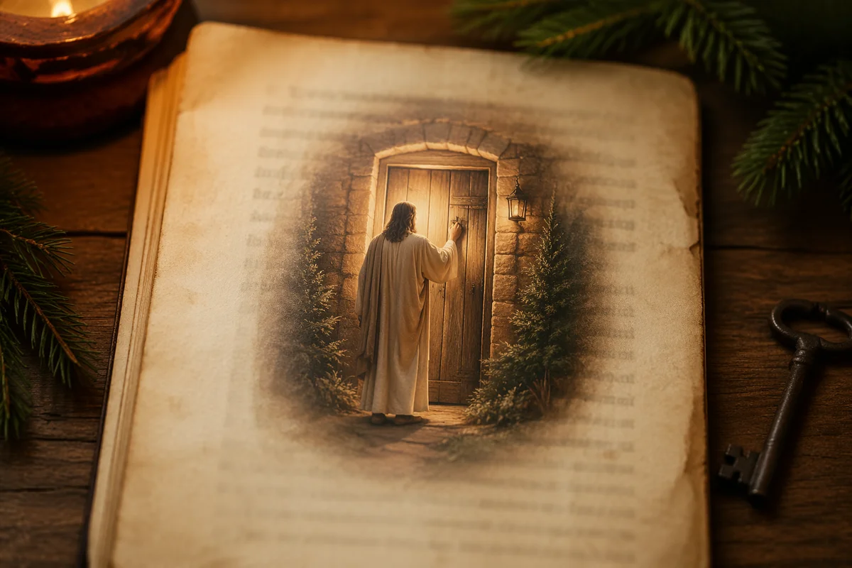 Jesus Knocking at Door with Evergreen Light