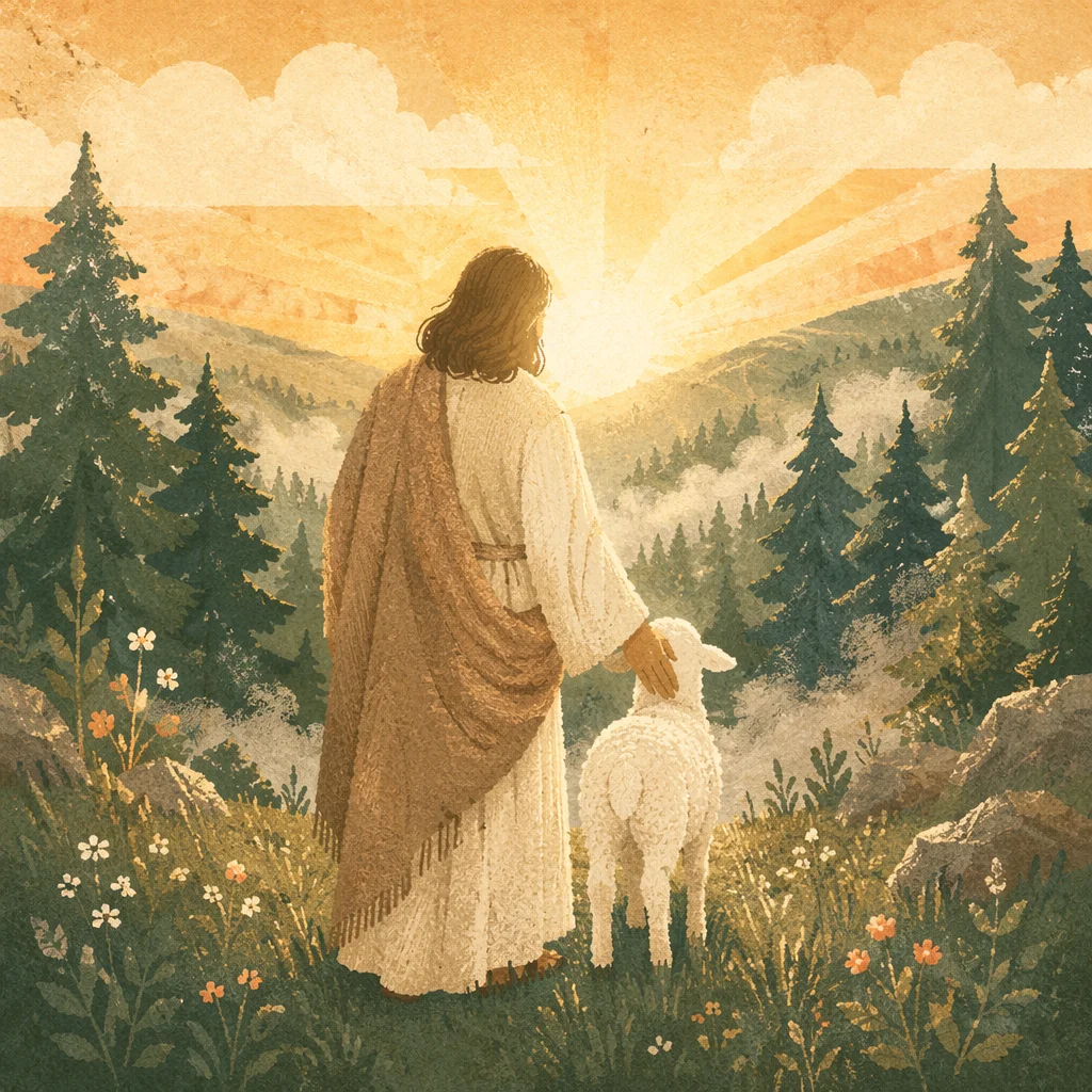 Gentle Shepherd in Evergreen Dawn Light