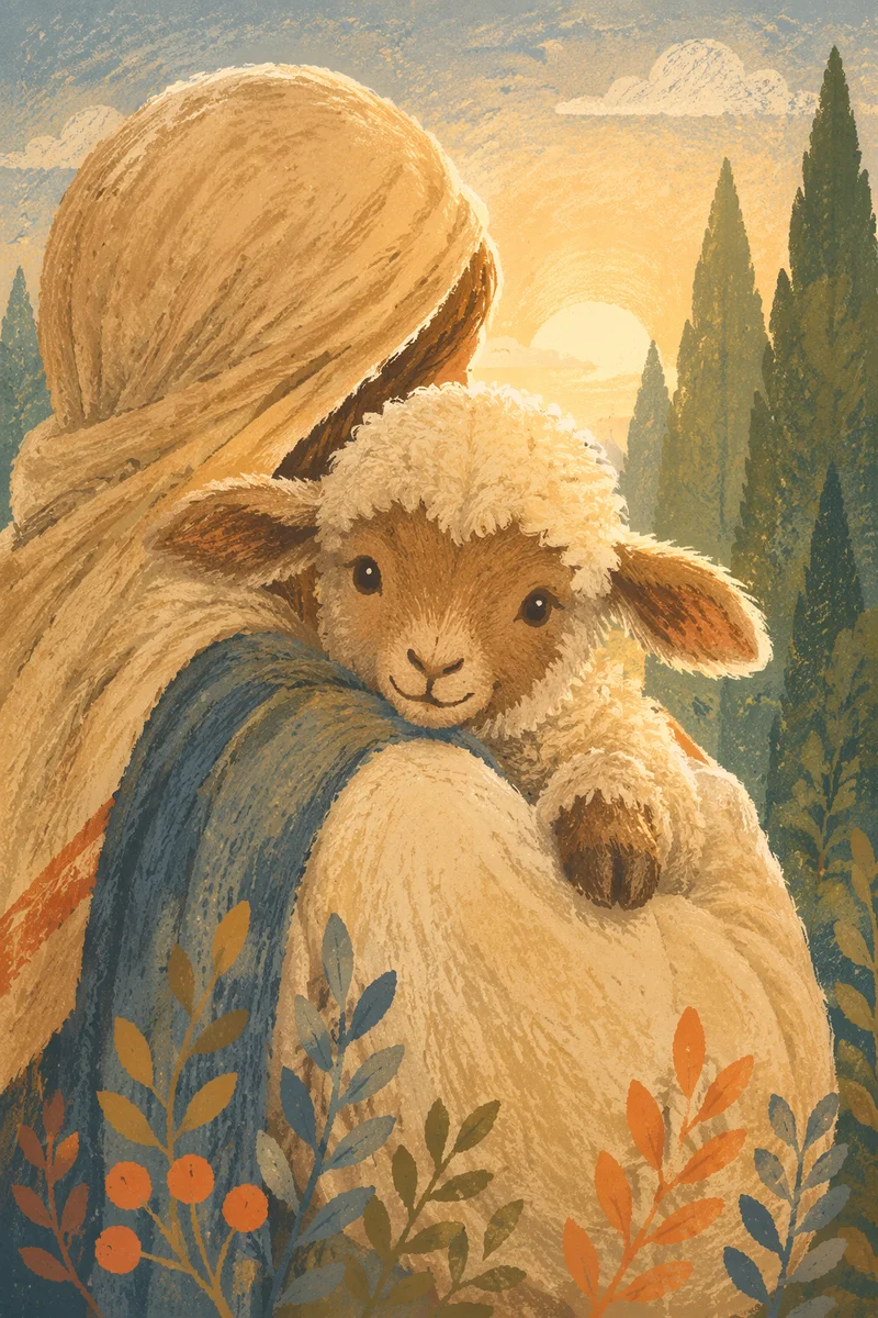 Gentle Shepherd Holding Lamb in Morning Light