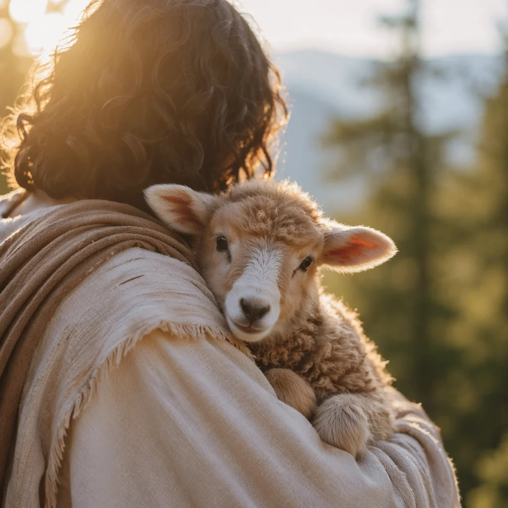 Gentle Shepherd Holding Lamb in Morning Light