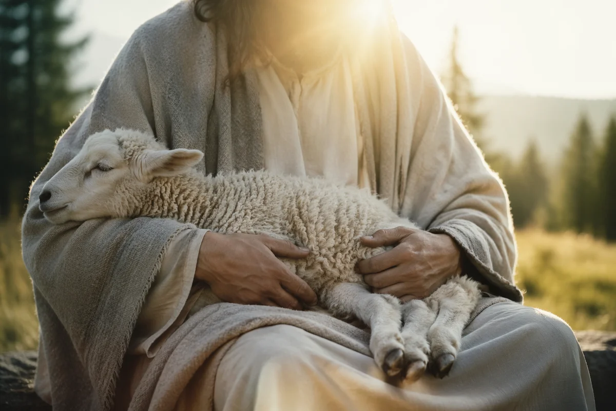 Gentle Shepherd Cradling Lamb in Morning Light