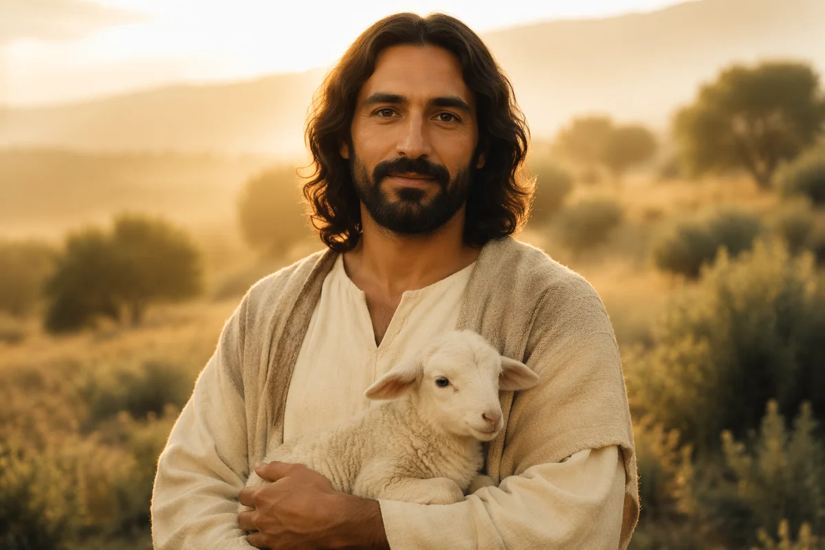 Gentle Shepherd Holding Lamb at Sunrise