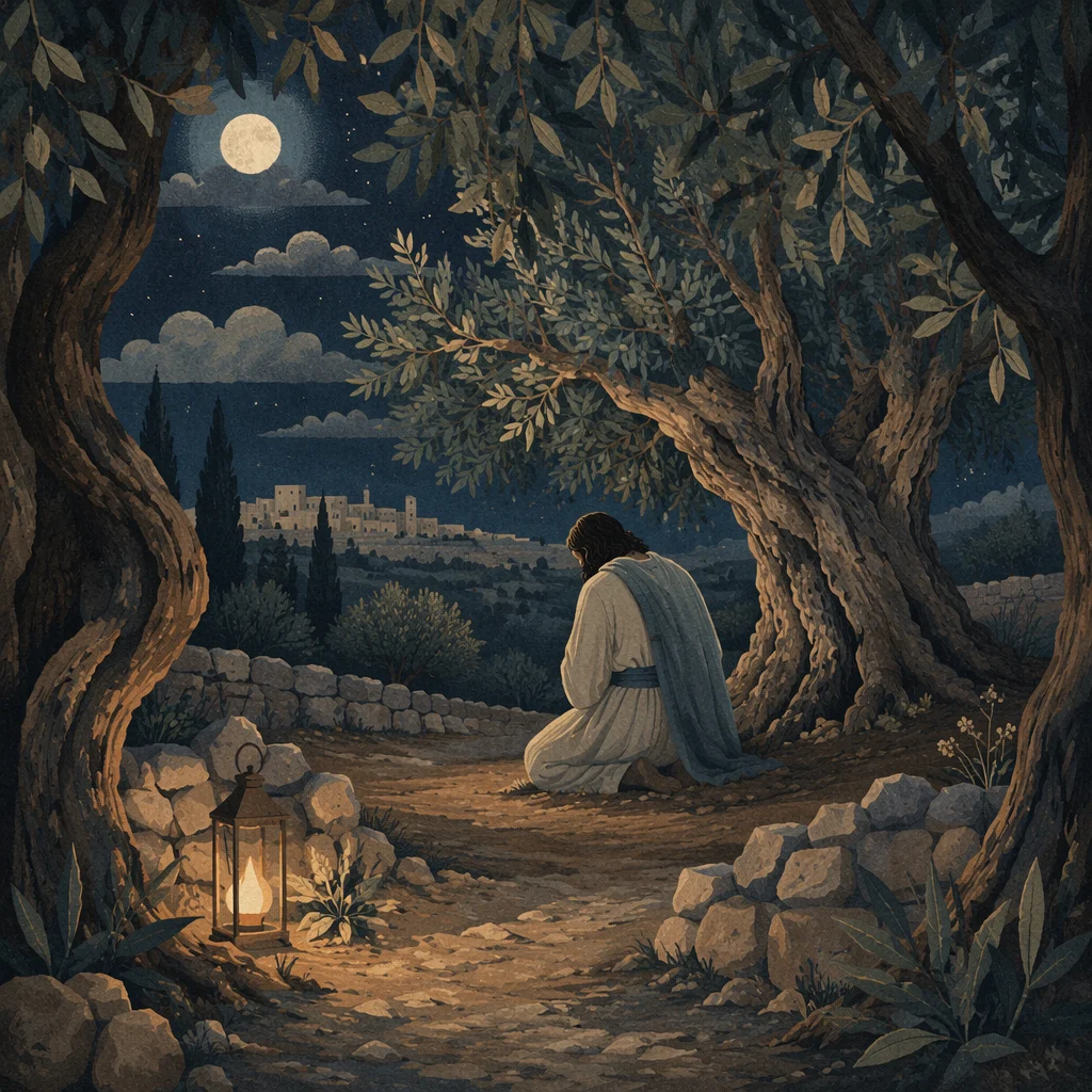 Jesus Praying in Gethsemane at Night