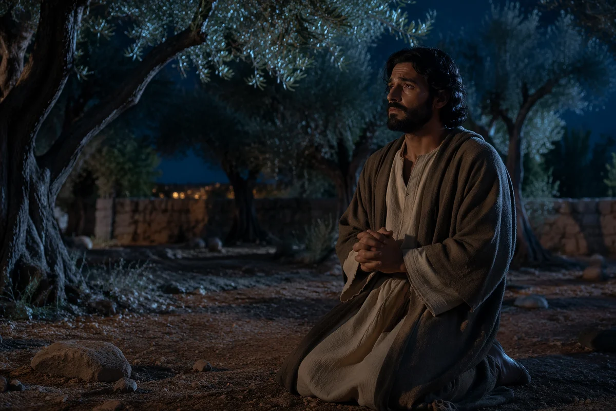 Man Praying Among Olive Trees at Night