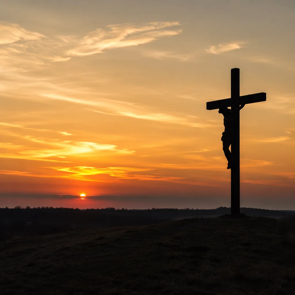 Jesus Silhouette on Cross at Sunset
