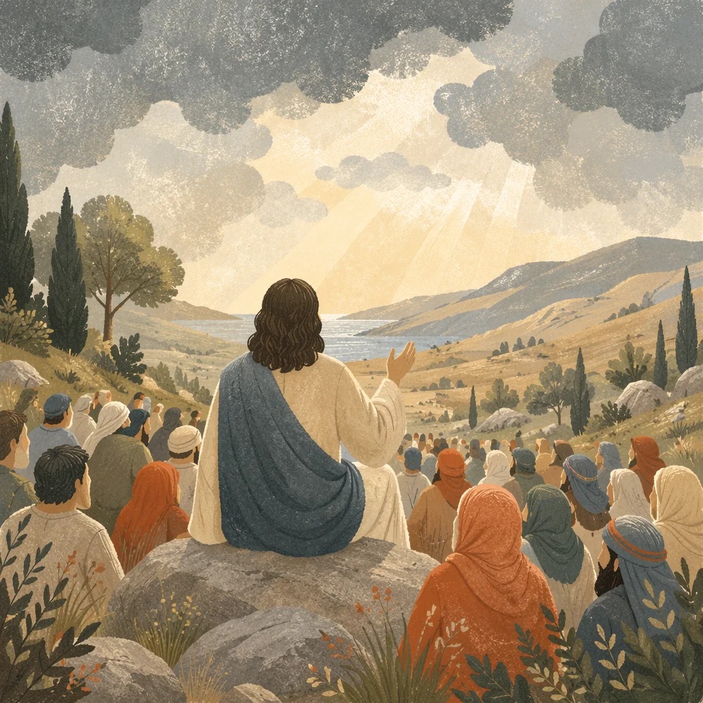 Jesus Teaching Crowd on Evergreen Hillside