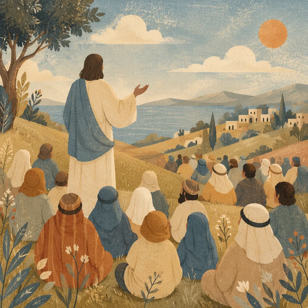 Jesus Teaching Crowd on Hillside at Sunset