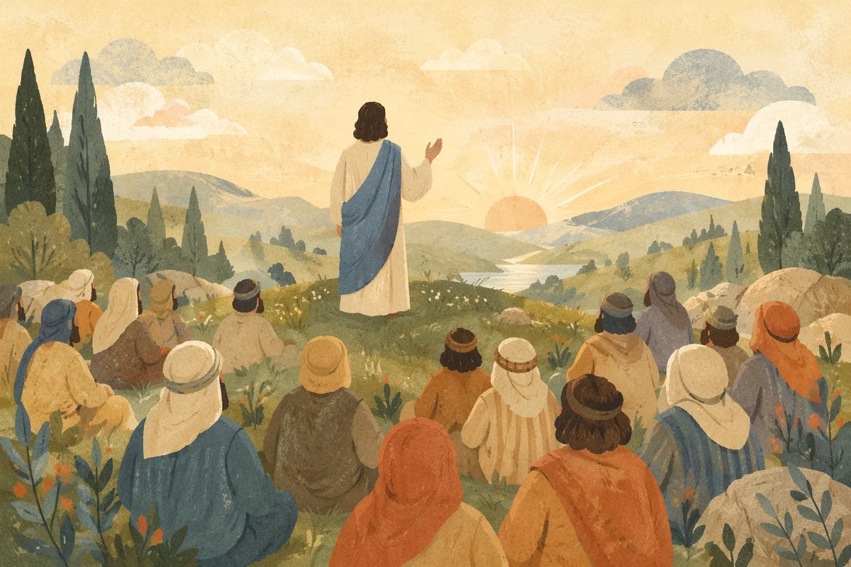 Jesus Teaching Crowd on Evergreen Hillside