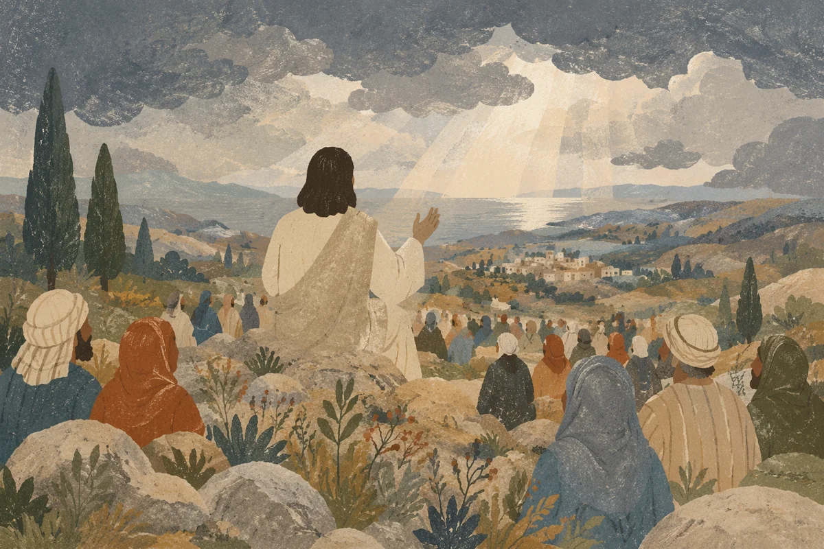 Jesus Teaching Crowd on Evergreen Hillside