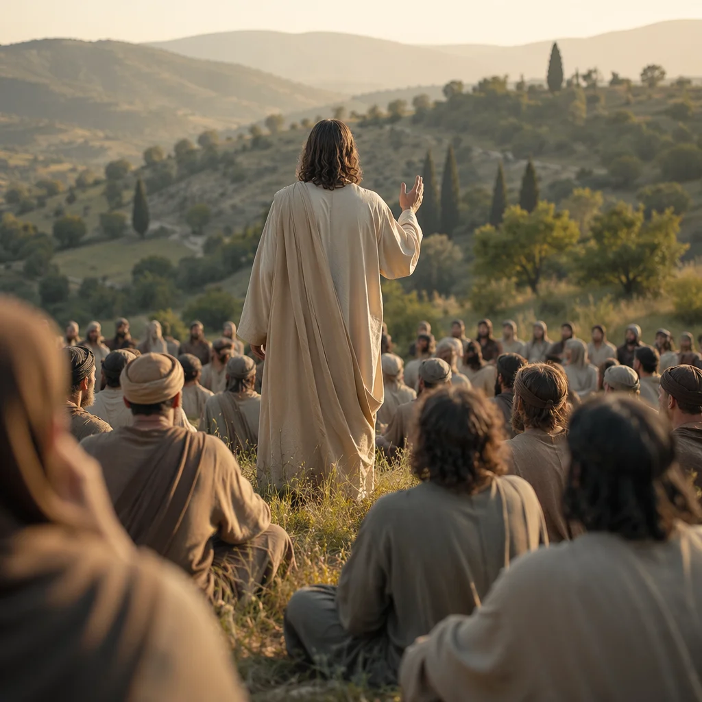 Jesus Teaching Crowd on Evergreen Hillside