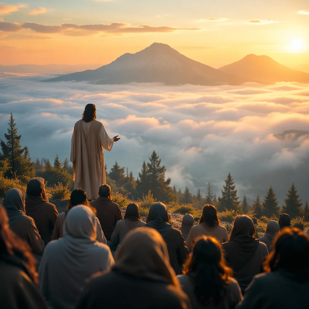 Jesus Teaching Crowd on Evergreen Hillside