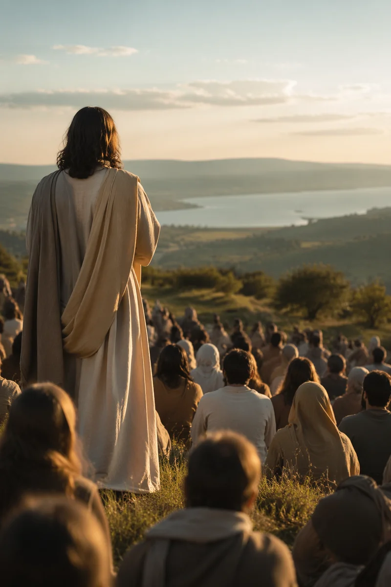 Jesus Teaching Crowd on Hillside at Sunset
