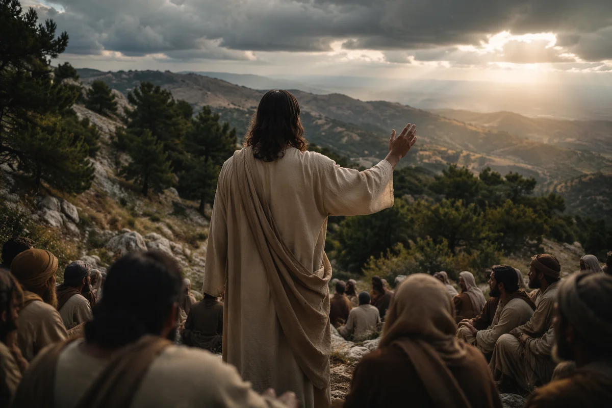 Jesus Teaching Crowd on Evergreen Hillside