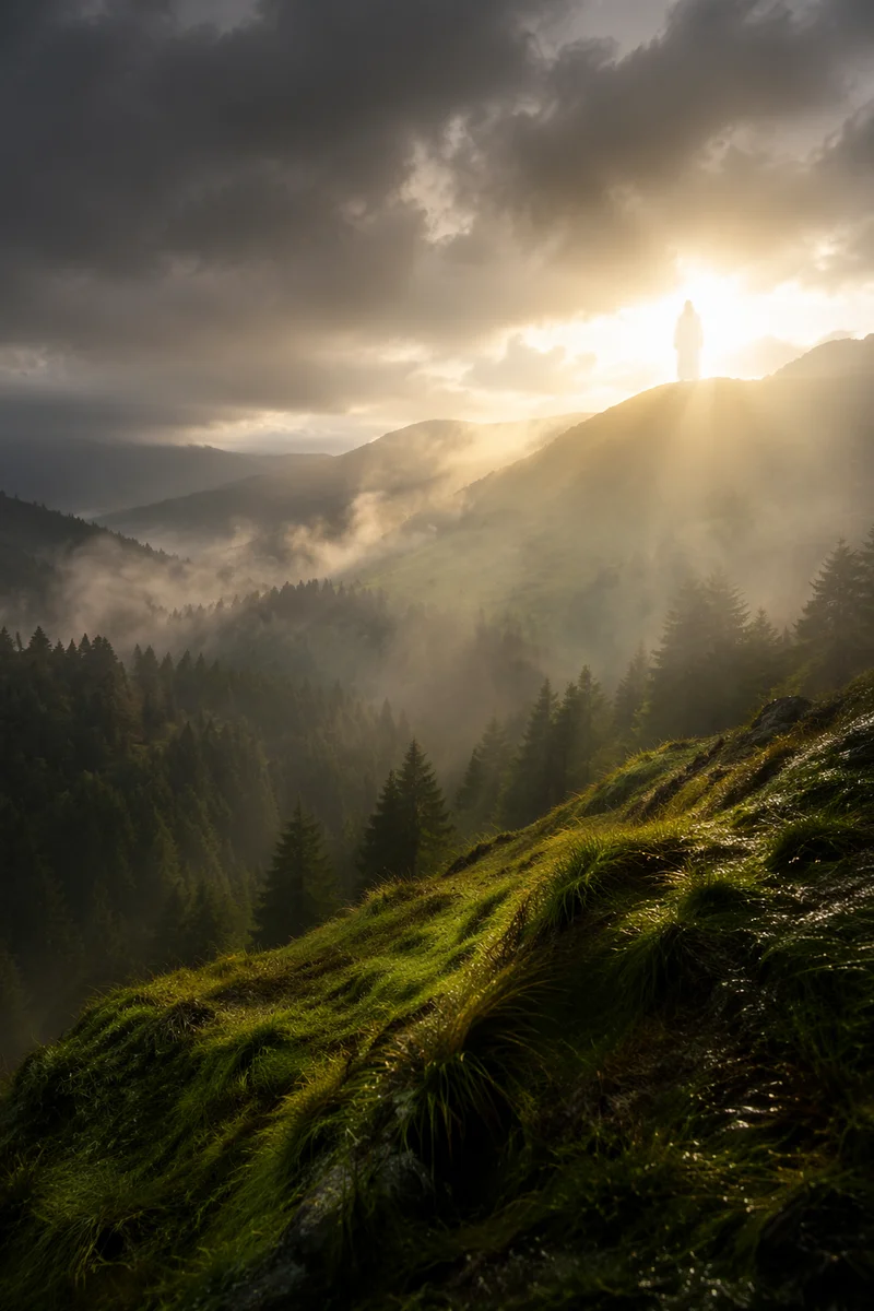 Glowing White Figure on Misty Mountain Ridge