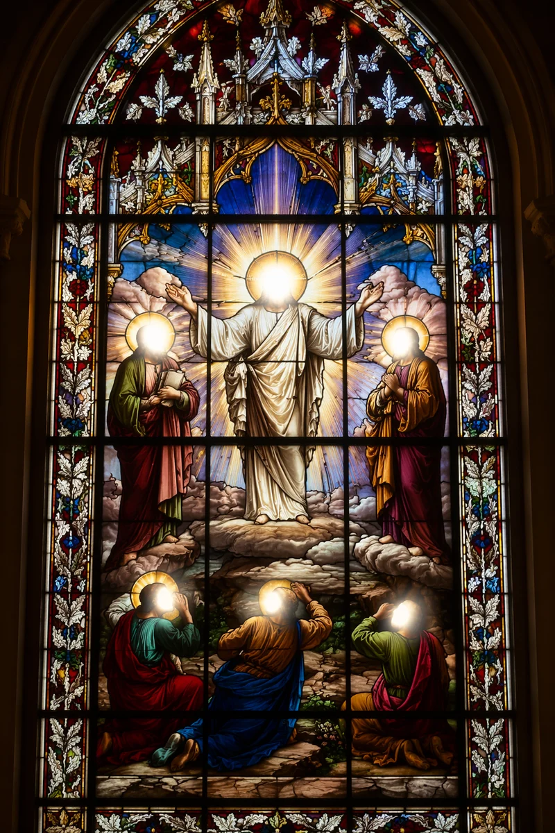 Glowing Transfiguration Stained Glass on Mountain