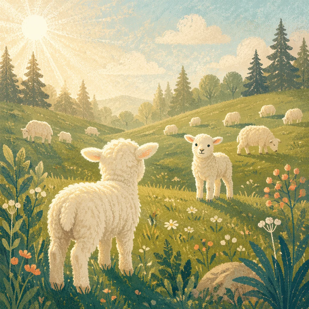 Gentle Lambs in Evergreen Morning Meadow