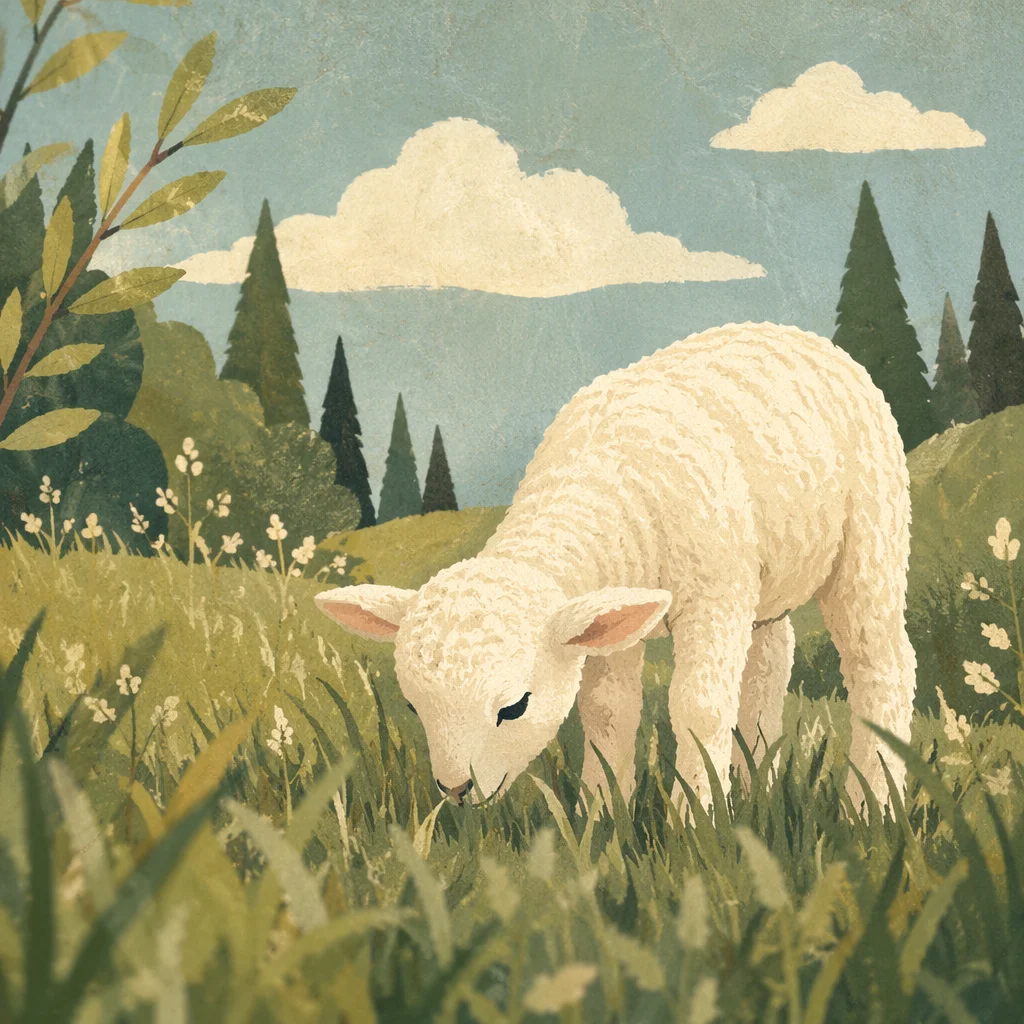 Gentle Lamb in Sunlit Evergreen Meadow