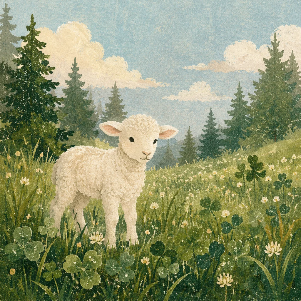 Gentle Lamb in Evergreen Meadow Light