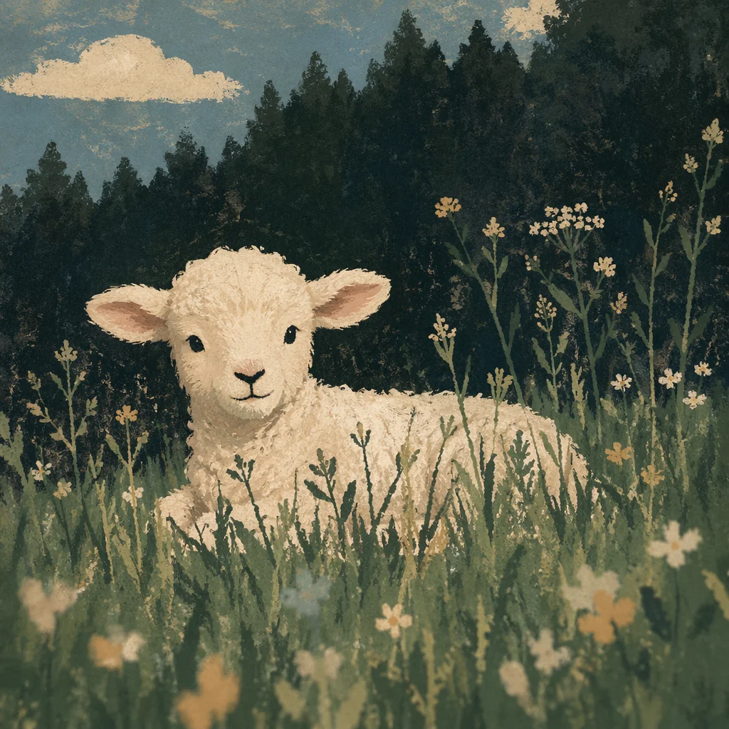 Gentle White Lamb in Evergreen Meadow