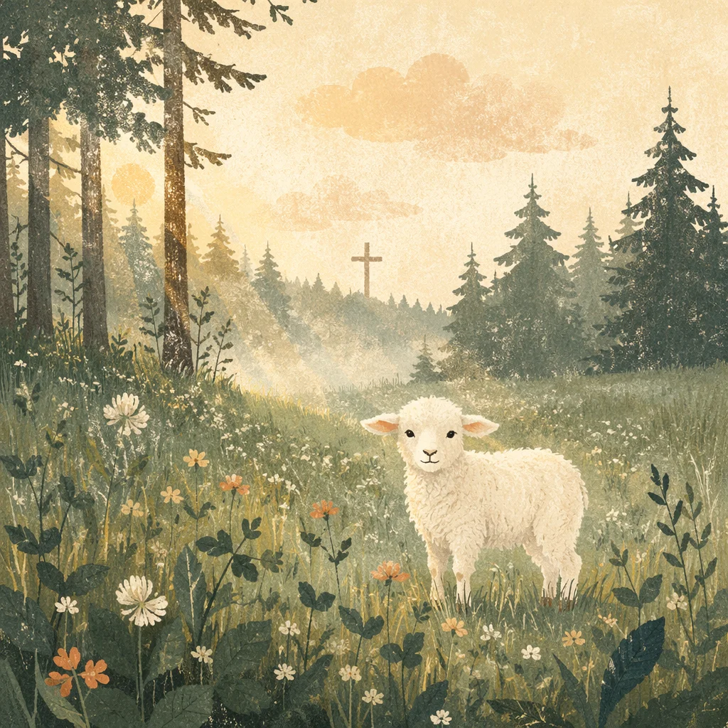 Gentle Lamb in Evergreen Meadow Light