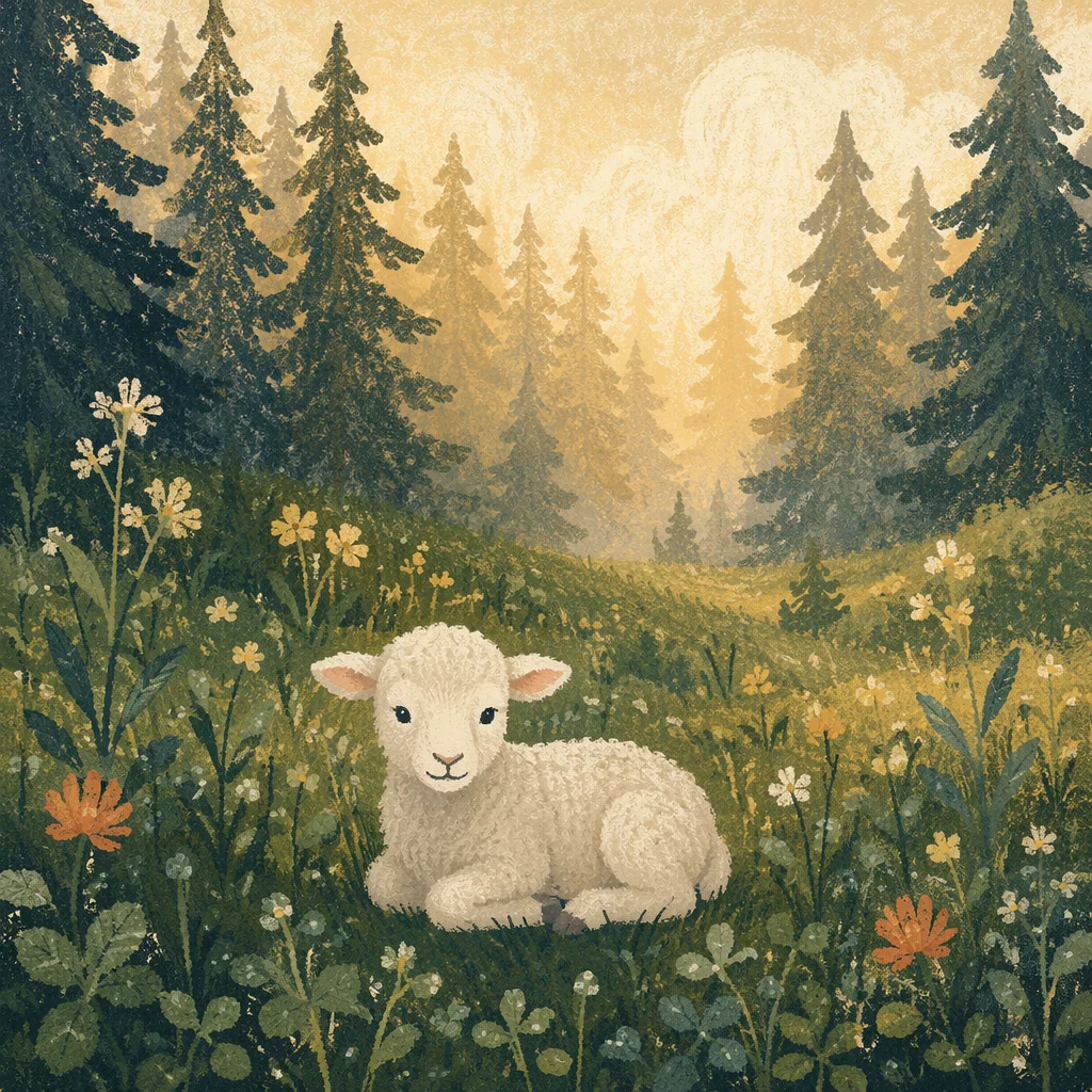 Gentle Lamb in Evergreen Meadow Light