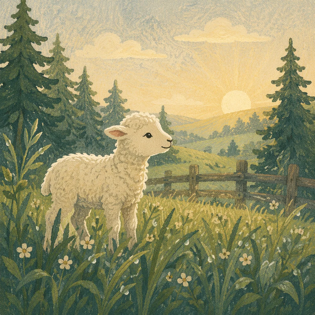 Gentle Lamb in Evergreen Morning Meadow