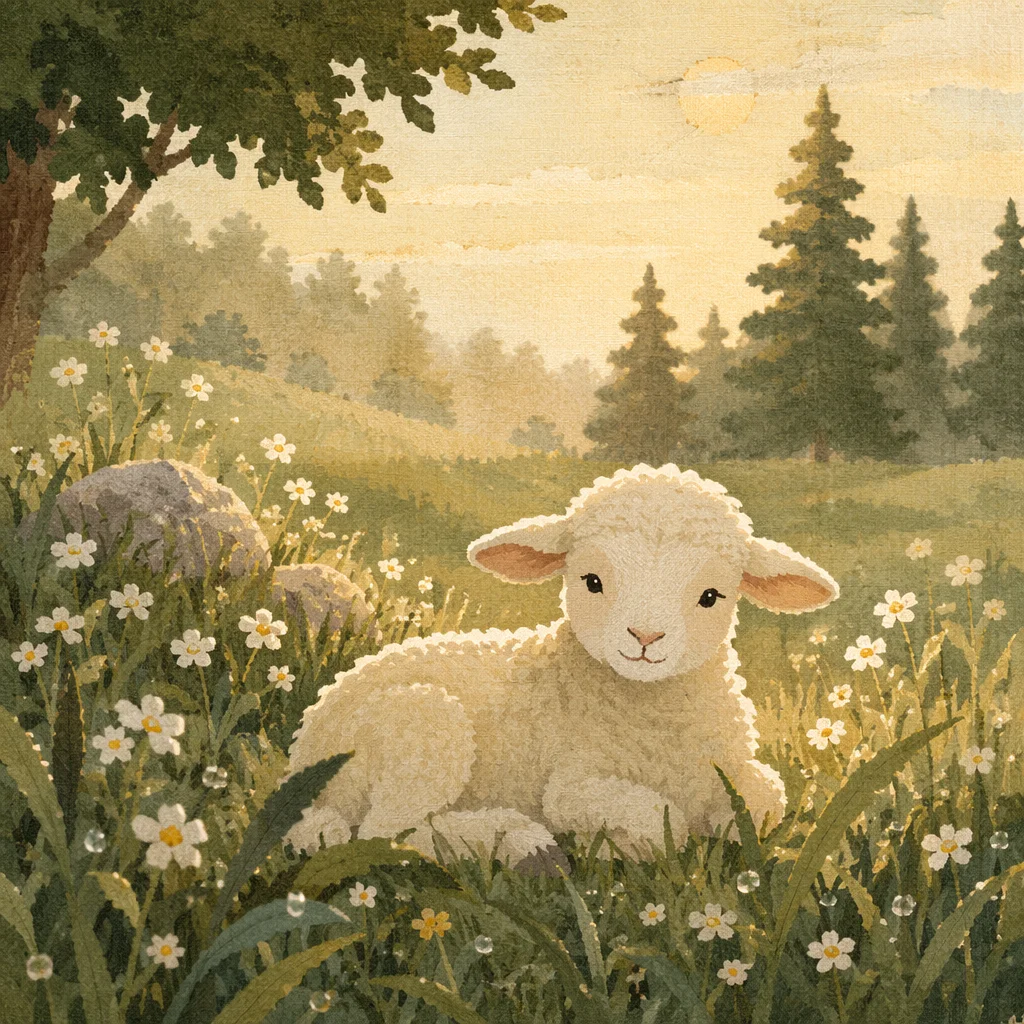 Gentle Lamb in Evergreen Meadow Light