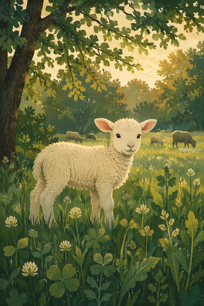 Gentle Lamb in Evergreen Meadow Light