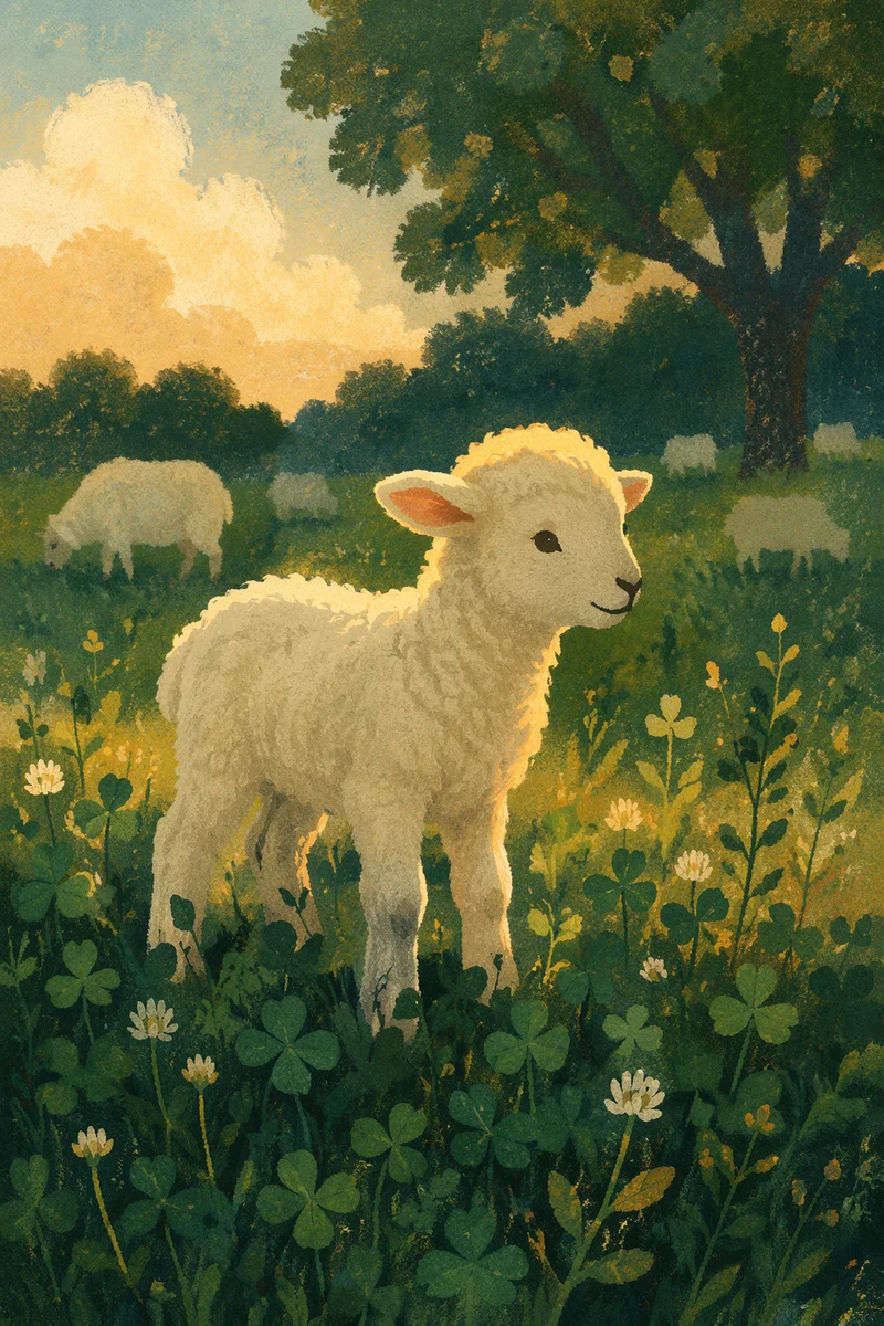 Gentle Lamb in Evergreen Meadow Light