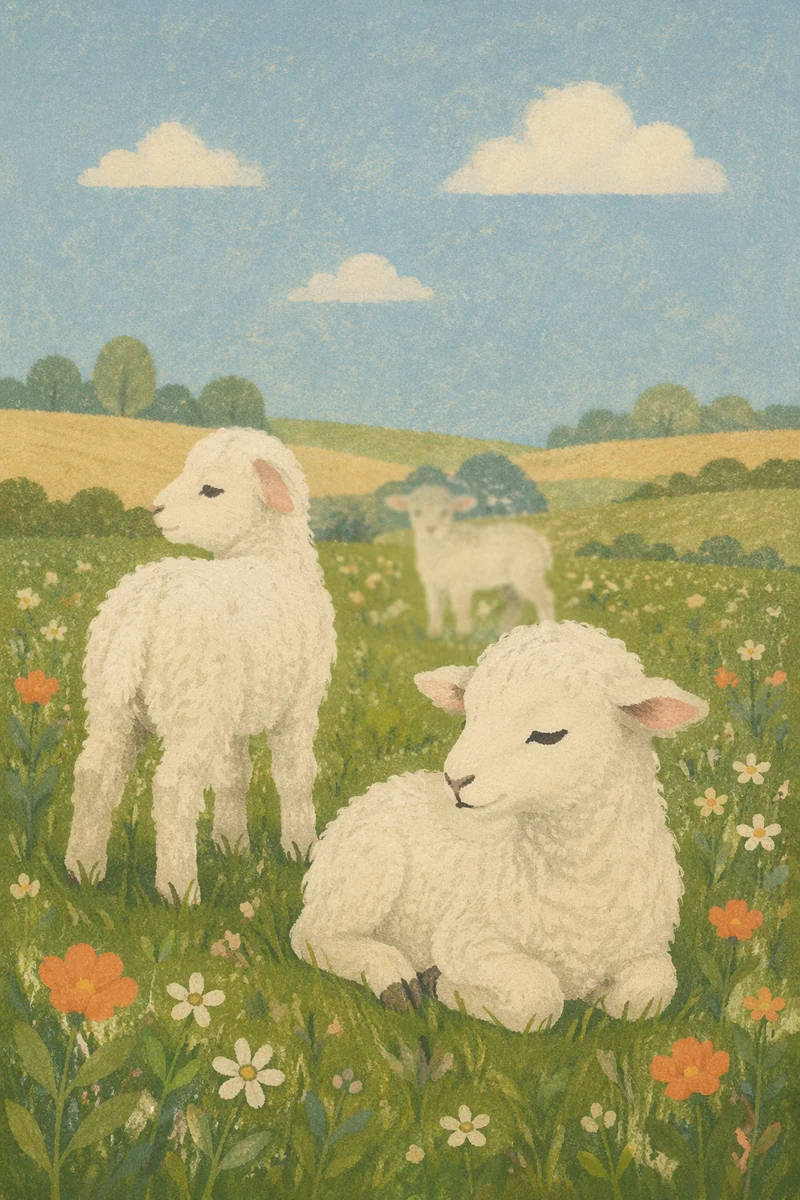 Gentle Lambs in a Spring Meadow